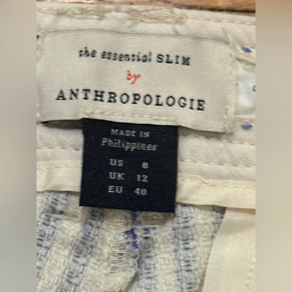 Anthropologie. Essential Slim Trouser. Blue & White Striped Floral. Size 8.